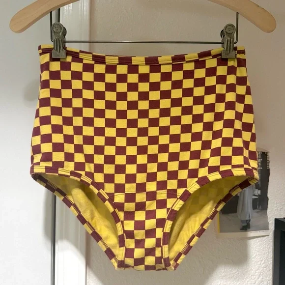 ARQ yellow chestnut checker organic cotton high rise brief underwear - Picture 1 of 4